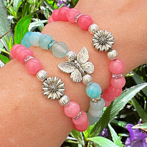 London Lane Butterfly or Flower Charm Beaded Gemstone Bracelet