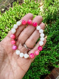 London Lane Pink and White Jade Gemstone Bracelet