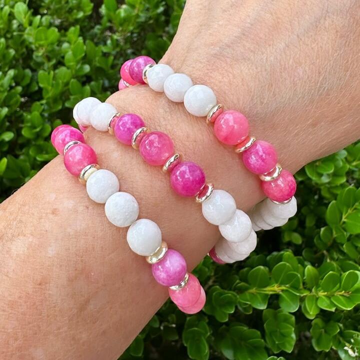 London Lane Pink and White Jade Gemstone Bracelet